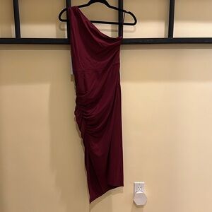 Burgundy, Sarin Mathews One Shoulder Ruched Midi Dress, Size Small